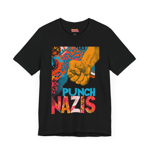 Black T-shirt featuring a bold, colorful "Punch Nazis" design with a clenched fist and abstract, graffiti-style patterns.